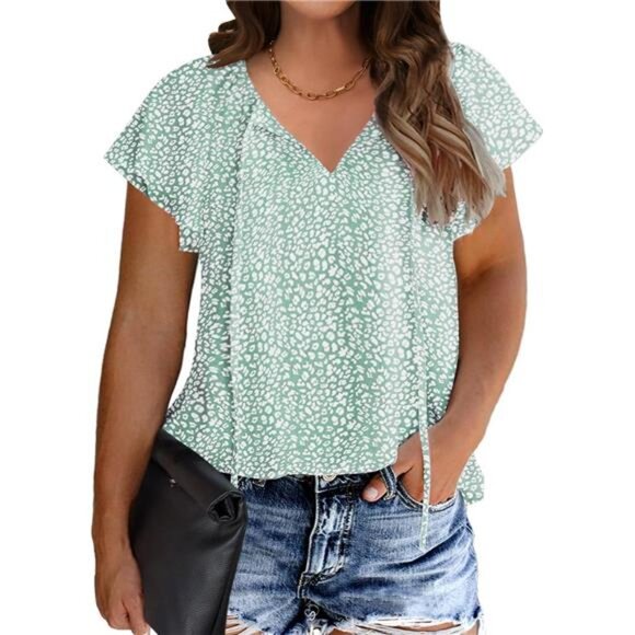 Womens Plus Size Leopard Print Tops Boho V Neck Short Sleeve Loose Fit Summer - Picture 1 of 7